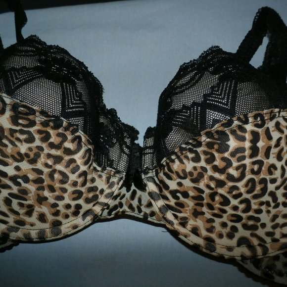 New 36C Heavenly Secrets Leopard Print Bra  Black Lace Plunge  push up underwire - Picture 11 of 11